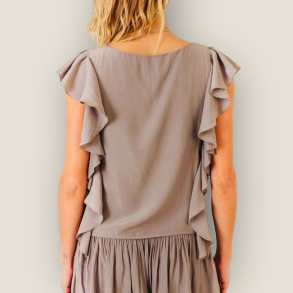 Koch Cafe Cara Top Blouse Satin Ruffle‎ Tan Beige Sz XS - Picture 3 of 8